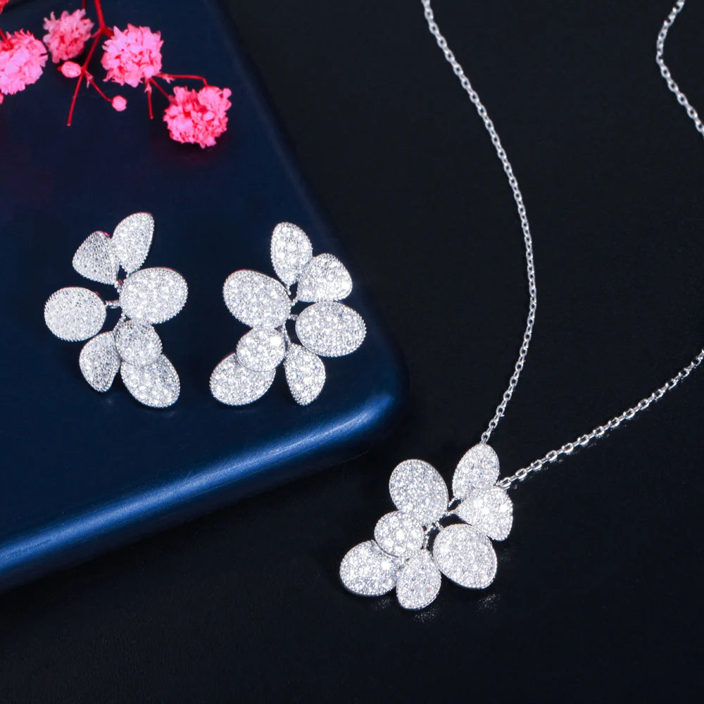 Glitter Silver Plated Cubic Zirconia Big Delicate Leaf Shaped Chain Pendant Necklace Earring Bridal Jewelry Sets for Women Jovera Joyce