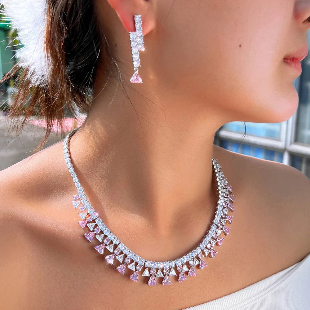 Shinning Triangle Shape Cubic Zirconia White and Pink Luxury Jewelry Set for Women Gathering Party Necklace and Earrings Set Jovera Joyce