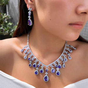 Gorgeous Long Tassel Necklace and Earrings CZ Zirconia Wedding Bridal Party Engagement Luxury Big Purple Jewelry Set for Women Jovera Joyce