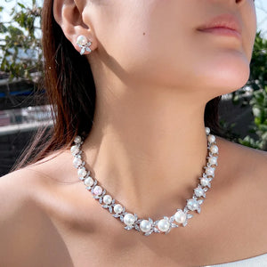 Dazzling Cubic Zirconia Stone Necklace and Earrings Big Imitation Pearl Jewelry Set for Women Wedding Bridal Dress Accessories Jovera Joyce
