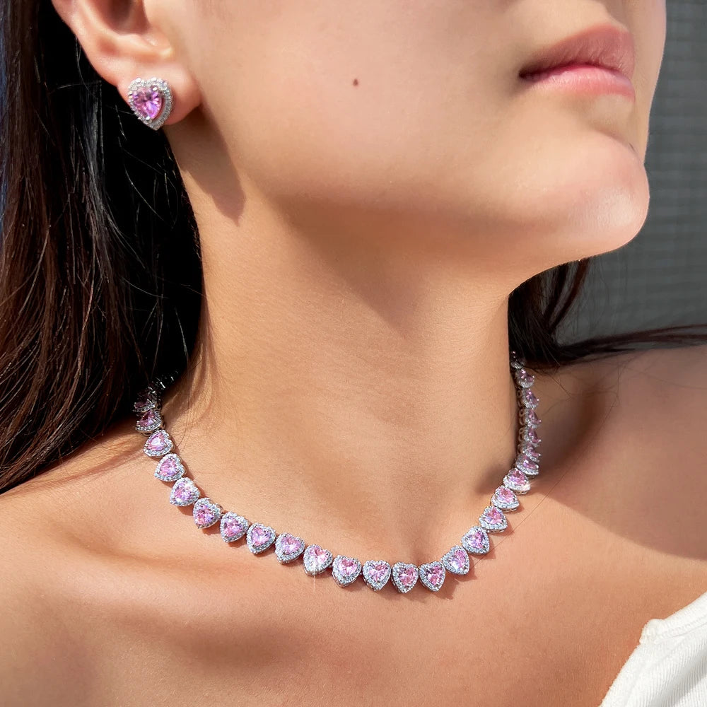 Trendy Jewelry Brass Silver Plated Jewelry Set Pink Iced CZ Ring Earrings Necklace Cuban Tennis Heart Shaped Woman Jewelry Set Jovera Joyce
