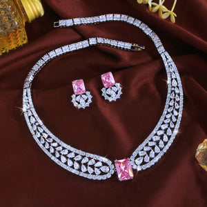 Charming Cubic Zirconia Jewelry Set Water Drop Necklace Pink Square Earrings Rhodium Plated CZ Jewelry Set for Brides Wedding Jovera Joyce