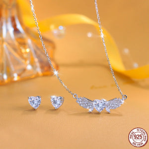 Fine 925 Sterling Silver CZ Jewelry Set Heart Feather Zircon Stud Earrings Pendant Jewelry Set for Women Lady Valentine's Gift Jovera Joyce