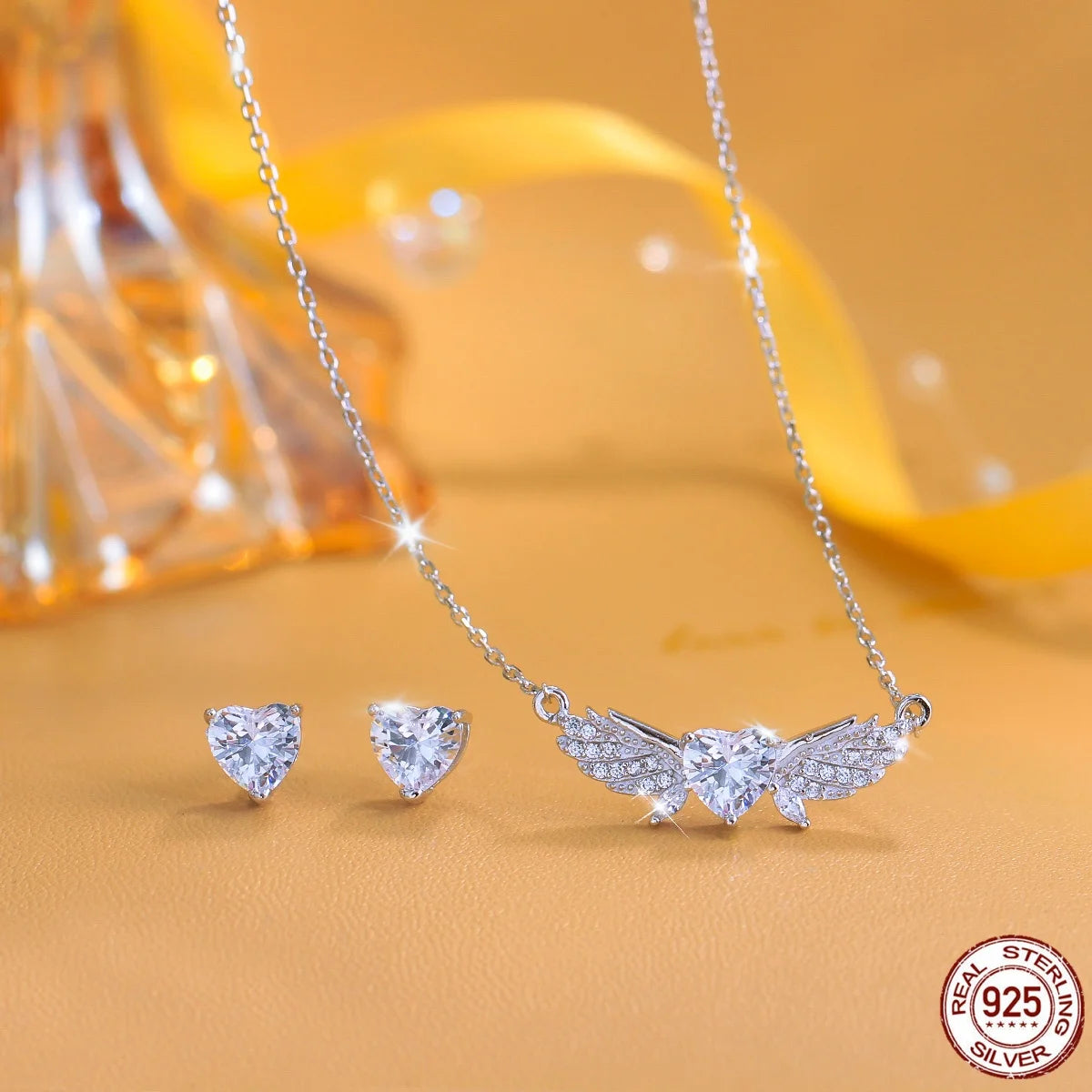 Fine 925 Sterling Silver CZ Jewelry Set Heart Feather Zircon Stud Earrings Pendant Jewelry Set for Women Lady Valentine's Gift Jovera Joyce