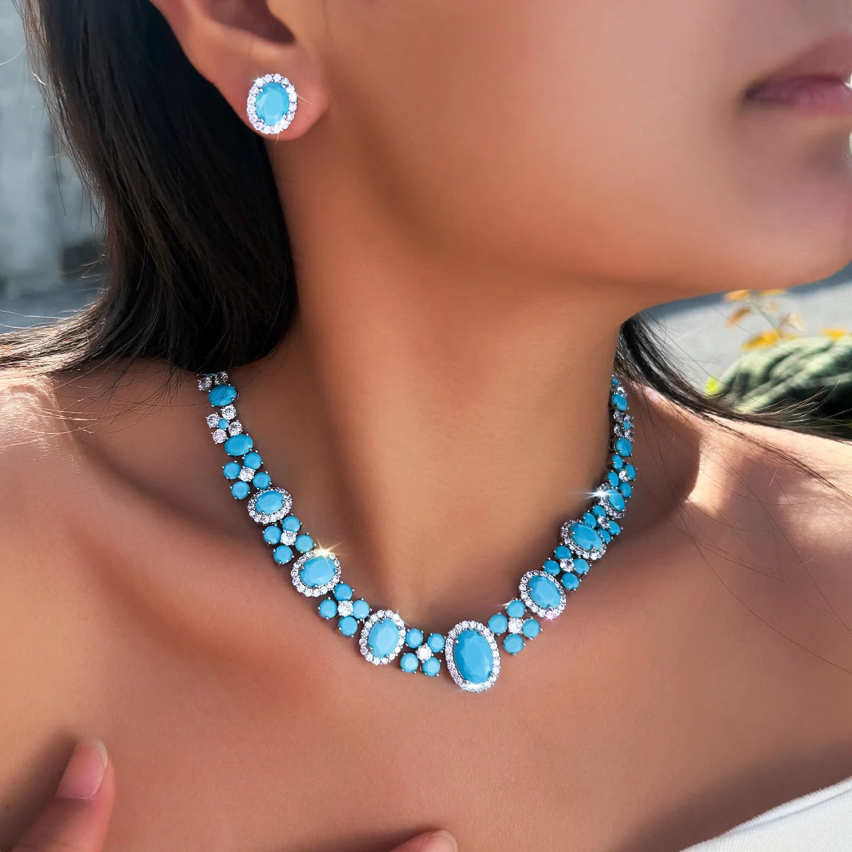 Charming Blue CZ Jewelry Set Turquoise Cubic Zirconia Oval Shaped Necklace Earrings Jewelry Set for Brides Wedding Costume Gift Jovera Joyce
