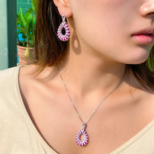Micro Pave Excellent Fuchsia Red Cubic Zirconia Dangle Pendant Necklace Tear Drop Earring Jewelry Set for Women Festive Prom Jovera Joyce