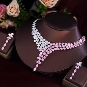 Elegant Shimmering Pink White Water Drop Cubic Zircon Long Earrings and Necklace Bridal Wedding Party Jewelry Set for Women Jovera Joyce