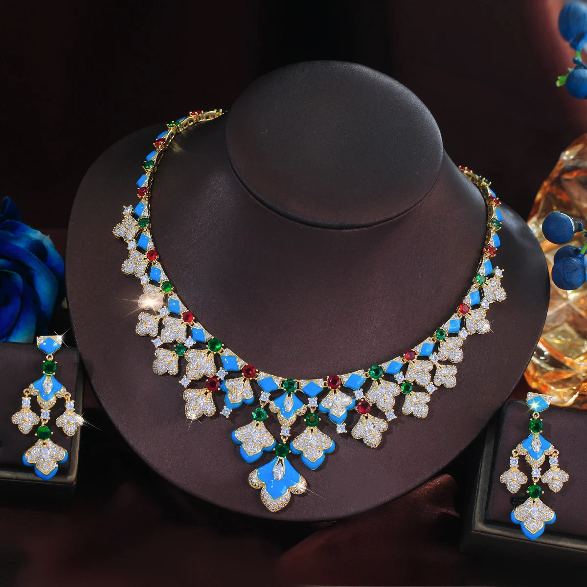 Gorgeous Mediterranean Style Blue Enamel Green CZ Necklace and Earrings Sets Vintage Luxury Jewelry Set for Banquets Vacations Jovera Joyce