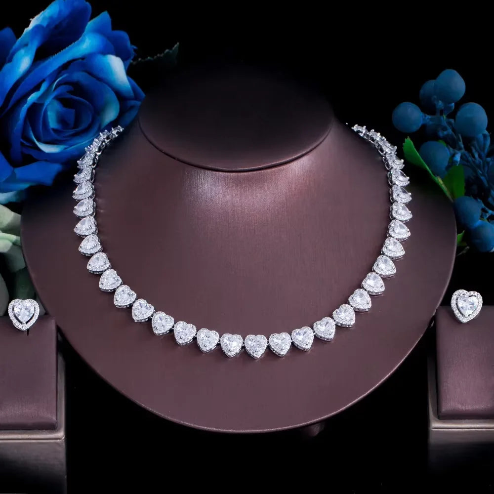 Trendy Jewelry Brass Silver Plated Jewelry Set Pink Iced CZ Ring Earrings Necklace Cuban Tennis Heart Shaped Woman Jewelry Set Jovera Joyce