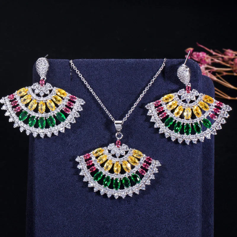 Simple Fashion Brand Designer Big Bold Long Dangle Green Earrings Necklace Cubic Zirconia Stone Engagement Jewelry Set for Women Jovera Joyce