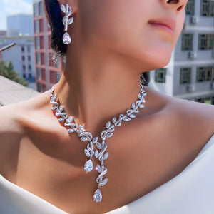 Elegant Cubic Zirconia Luxury Necklace and Earrings Women Big Leaf Weed Shape Jewelry Set for Wedding Bride Anniversary Gift Jovera Joyce