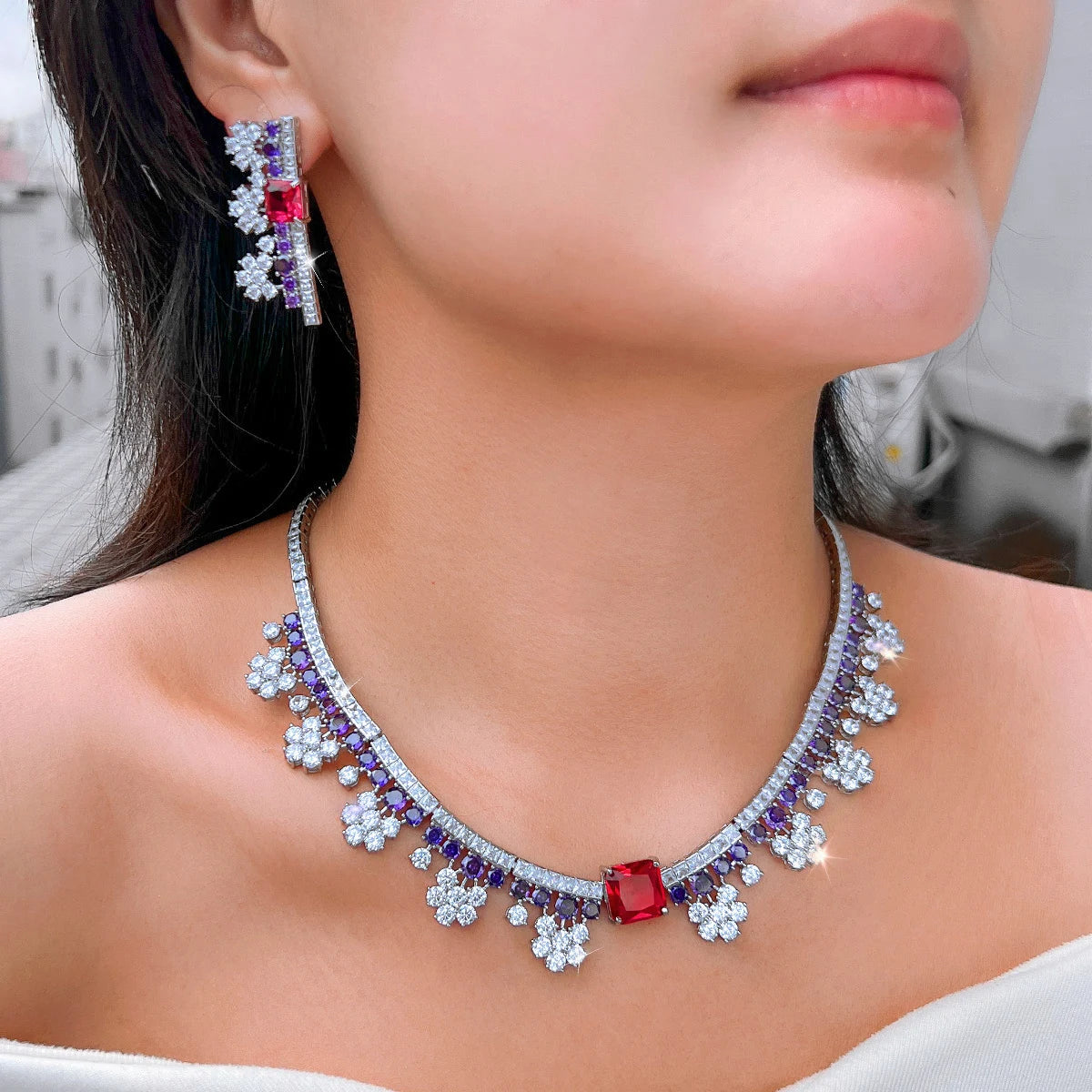 Gorgeous Flower Necklace and Earrings Purple Red Bridal Jewelry Set for Women Luxury Wedding Dress Accessories Jovera Joyce