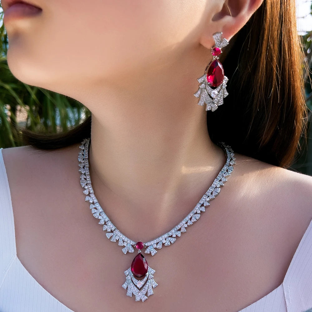 Gorgeous Cubic Zirconia Red Necklace and  Earrings Bridal Banquet Jewelry Set for Women Party Engagement Luxury Jewelry Jovera Joyce