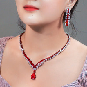 Luxury White Red Water Drop Zirconia Long Dangle Earrings and Necklace Bridal Wedding Party Jewelry Set for Women Jovera Joyce