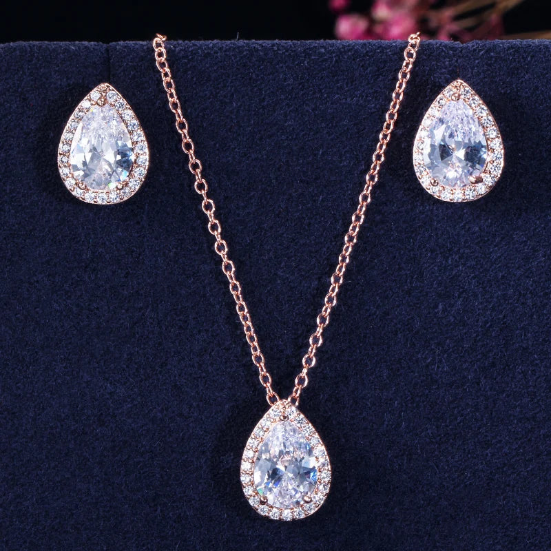 Tear Drop Design Simple Fashion Sparking Pear Cut Cubic Zircon Pendant Necklace and Earrings Jewelry Sets for Women Girl Gifts Jovera Joyce