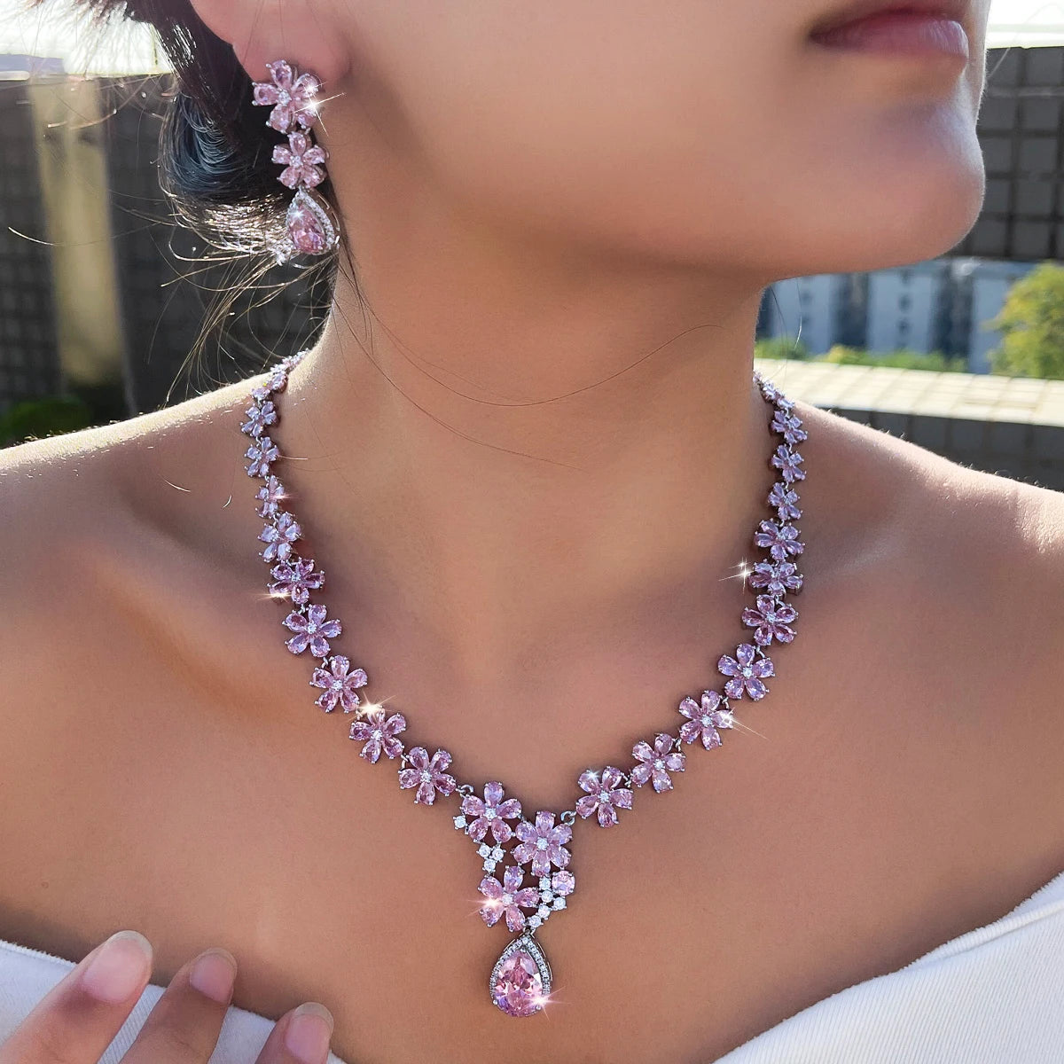 Charming Rhodium Plated CZ Jewelry Set Purple Flower Water Drop Necklace Earrings Jewelry Set for Women Brides Wedding Costume Jovera Joyce