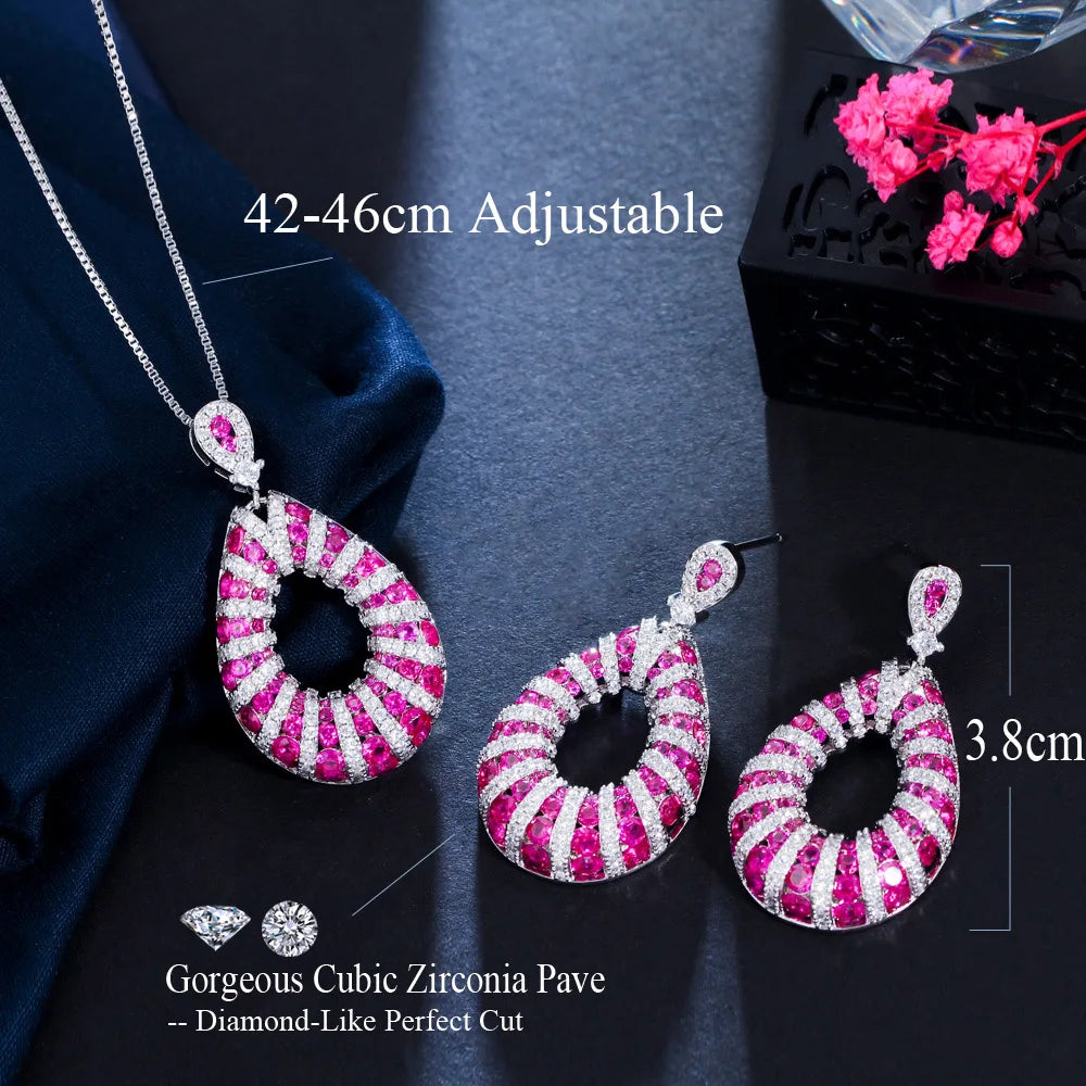 Micro Pave Excellent Fuchsia Red Cubic Zirconia Dangle Pendant Necklace Tear Drop Earring Jewelry Set for Women Festive Prom Jovera Joyce