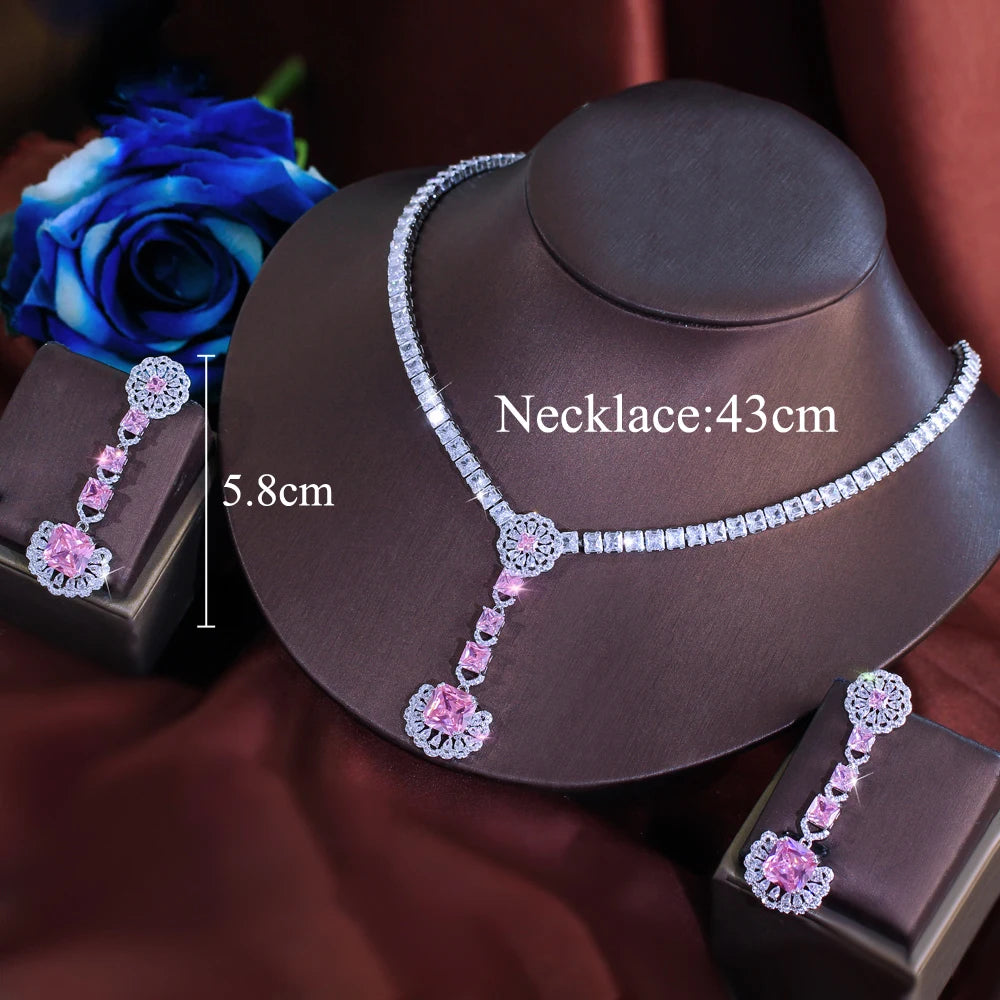 Glamorous Cubic Zirconia Necklace and Earrings Shimmering Pink White Jewelry Set for Women Wedding Anniversary Banquet Jewellery Jovera Joyce