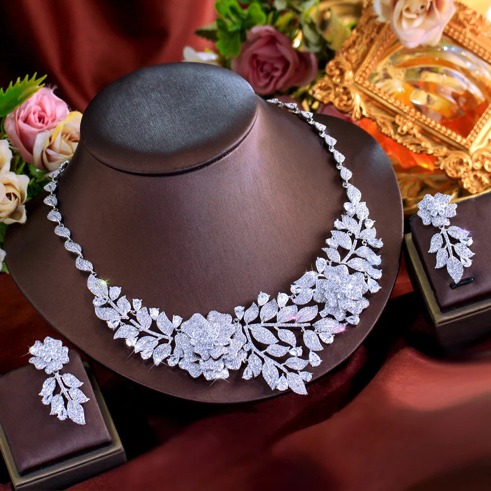 Sparking White Cubic Zirconia Flower Leaf Shape Exaggerating Earrings Necklace Luxury Bridal Wedding Big Jewelry Set for Women Jovera Joyce