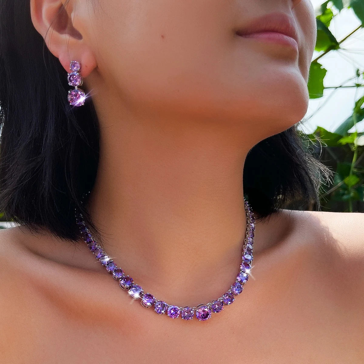 Elegant CZ Pink Round Cut Necklace Earrings Jewelry Set Rhodium Plated Zircon Necklace Earrings Set for Brides Wedding Jewelry Jovera Joyce