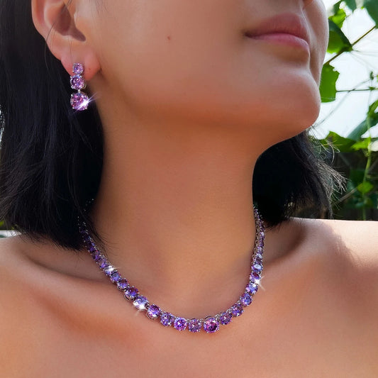 Elegant CZ Pink Round Cut Necklace Earrings Jewelry Set Rhodium Plated Zircon Necklace Earrings Set for Brides Wedding Jewelry Jovera Joyce