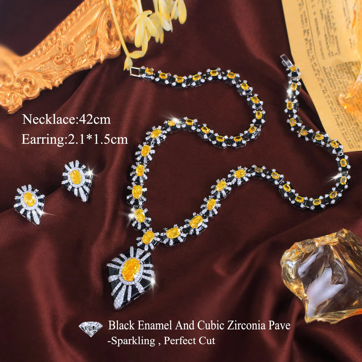 Vintage Geometric Black Enamel Yellow CZ Jewelry Set Dubai Bridal Zircon Necklace Earring Set for Women Evening Dress Jewelry Jovera Joyce