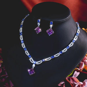 Rhodium Plated CZ Jewelry Set Cubic Zircon Blue Oval Purple Rhombus Dangle Drop Necklace Earrings Jewelry Set for Brides Wedding Jovera Joyce