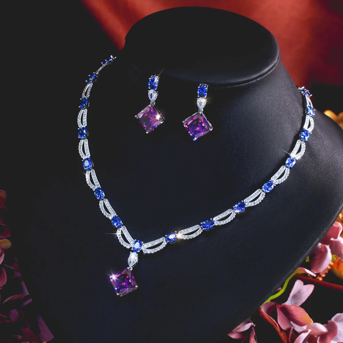 Rhodium Plated CZ Jewelry Set Cubic Zircon Blue Oval Purple Rhombus Dangle Drop Necklace Earrings Jewelry Set for Brides Wedding Jovera Joyce