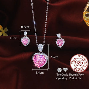 Rhodium Plated CZ Pendant Earrings Drop Pink Heart Zircon Pendant Stud Earrings for Girls 925 Sterling Silver Lovely Jewelry Set Jovera Joyce