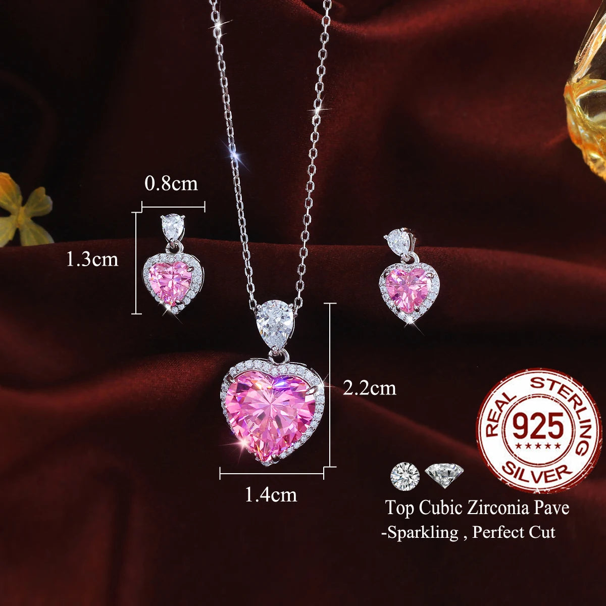 Rhodium Plated CZ Pendant Earrings Drop Pink Heart Zircon Pendant Stud Earrings for Girls 925 Sterling Silver Lovely Jewelry Set Jovera Joyce