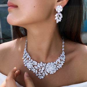Sparking White Cubic Zirconia Flower Leaf Shape Exaggerating Earrings Necklace Luxury Bridal Wedding Big Jewelry Set for Women Jovera Joyce