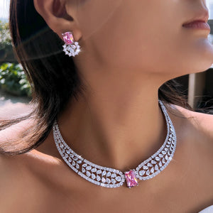 Trendy Water Drop Square CZ Crystal Jewelry Set Pink Cubic Zircon Necklace Earring Bracelet Women Engagement Costume Jewelry Set Jovera Joyce