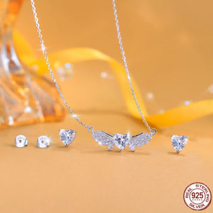 Fine 925 Sterling Silver CZ Jewelry Set Heart Feather Zircon Stud Earrings Pendant Jewelry Set for Women Lady Valentine's Gift Jovera Joyce
