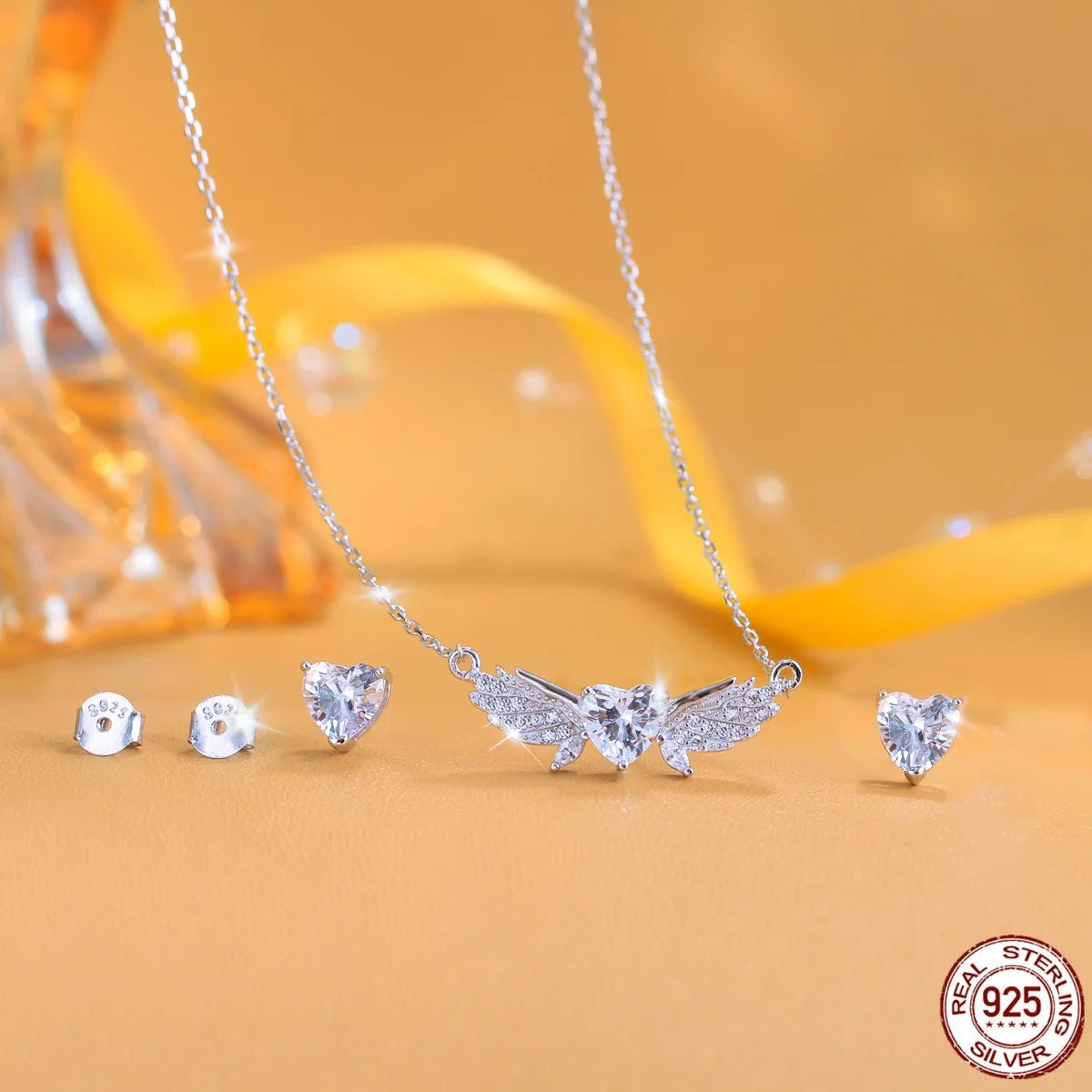 Fine 925 Sterling Silver CZ Jewelry Set Heart Feather Zircon Stud Earrings Pendant Jewelry Set for Women Lady Valentine's Gift Jovera Joyce