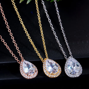 Tear Drop Design Simple Fashion Sparking Pear Cut Cubic Zircon Pendant Necklace and Earrings Jewelry Sets for Women Girl Gifts Jovera Joyce
