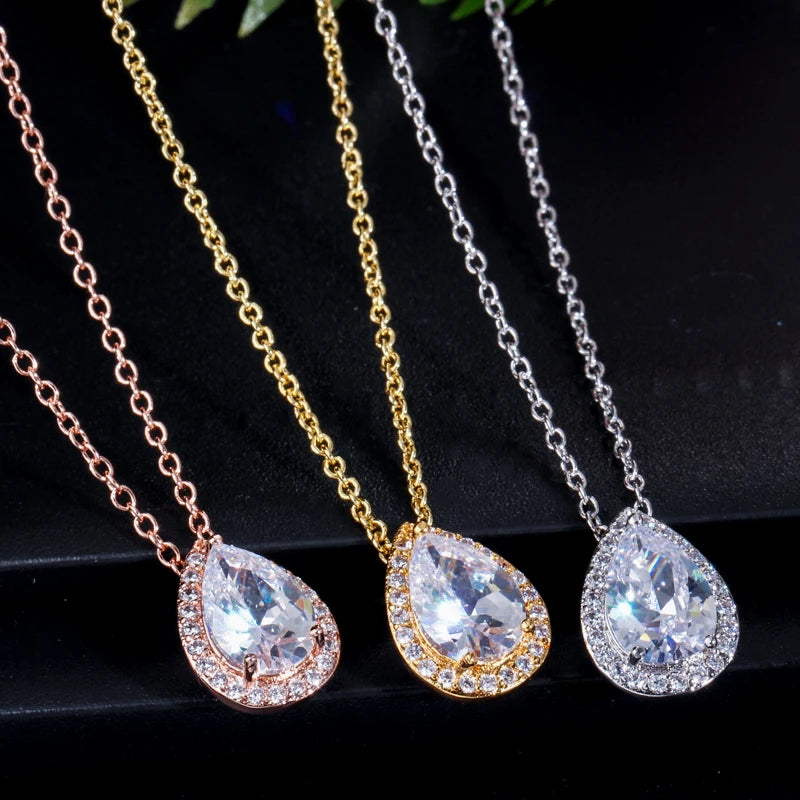 Tear Drop Design Simple Fashion Sparking Pear Cut Cubic Zircon Pendant Necklace and Earrings Jewelry Sets for Women Girl Gifts Jovera Joyce