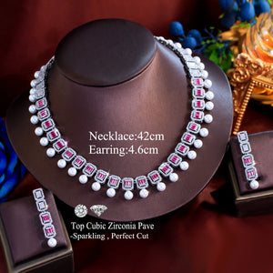 Women Glamorous Necklace and Earrings Red Cubic Zirconia Bridal Pearl Jewelry Set for Anniversaries Engagement Wedding Jewellery Jovera Joyce