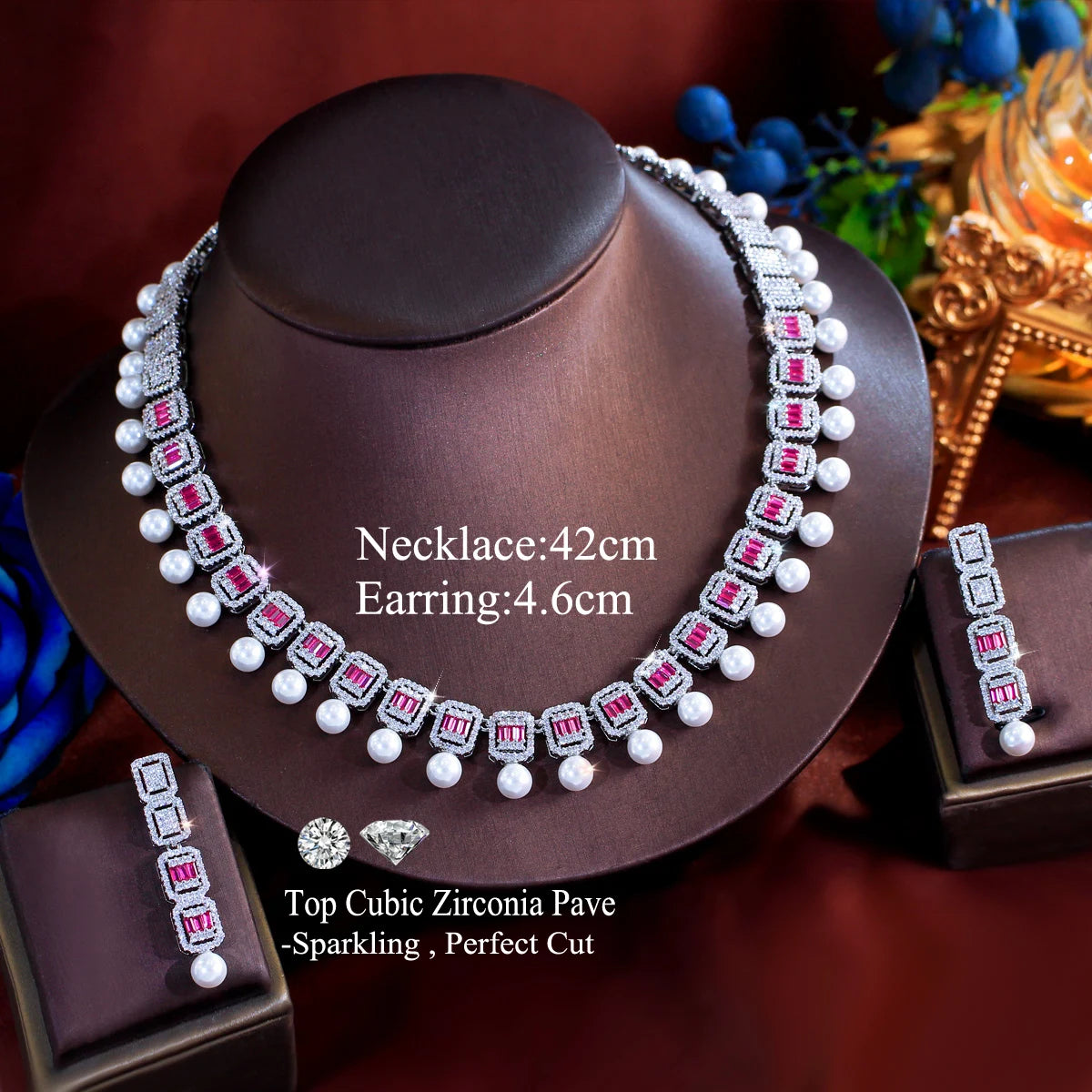 Women Glamorous Necklace and Earrings Red Cubic Zirconia Bridal Pearl Jewelry Set for Anniversaries Engagement Wedding Jewellery Jovera Joyce