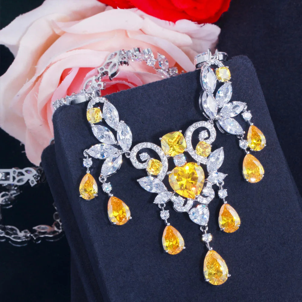 Rhodium Plated CZ Jewelry Set Yellow Zirconia Nigeria Tassel Necklace Earrings Bridal Wedding Luxury Jewelry Set for Women Party Jovera Joyce