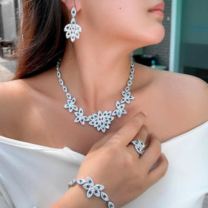 Elegant 4pcs Leaf Shape Cubic Zirconia Stone Bridal Luxury Green Jewelry Set for Women Party Engagement Dress Accessories Jovera Joyce