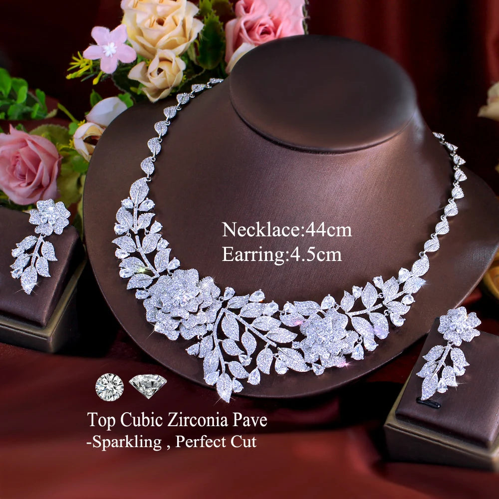 Sparking White Cubic Zirconia Flower Leaf Shape Exaggerating Earrings Necklace Luxury Bridal Wedding Big Jewelry Set for Women Jovera Joyce