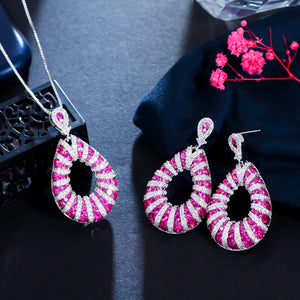 Micro Pave Excellent Fuchsia Red Cubic Zirconia Dangle Pendant Necklace Tear Drop Earring Jewelry Set for Women Festive Prom Jovera Joyce