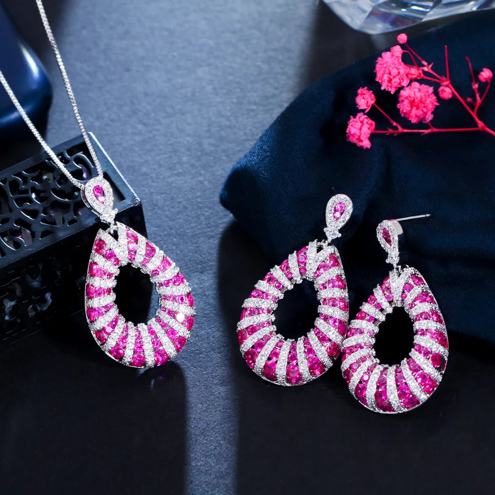 Micro Pave Excellent Fuchsia Red Cubic Zirconia Dangle Pendant Necklace Tear Drop Earring Jewelry Set for Women Festive Prom Jovera Joyce