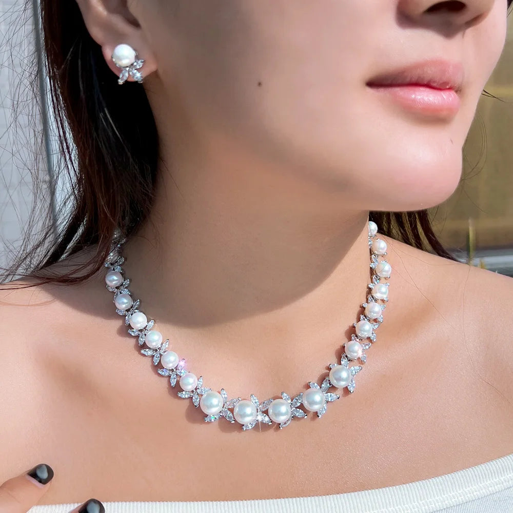 Dazzling Cubic Zirconia Stone Necklace and Earrings Big Imitation Pearl Jewelry Set for Women Wedding Bridal Dress Accessories Jovera Joyce