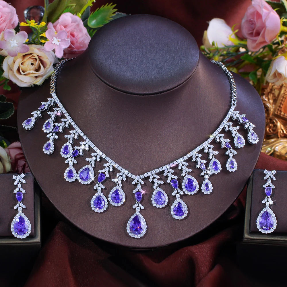 Gorgeous Long Tassel Necklace and Earrings CZ Zirconia Wedding Bridal Party Engagement Luxury Big Purple Jewelry Set for Women Jovera Joyce