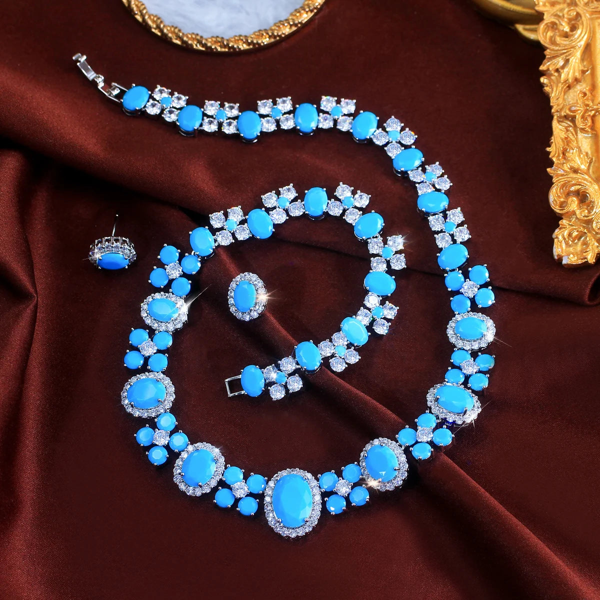Charming Blue CZ Jewelry Set Turquoise Cubic Zirconia Oval Shaped Necklace Earrings Jewelry Set for Brides Wedding Costume Gift Jovera Joyce