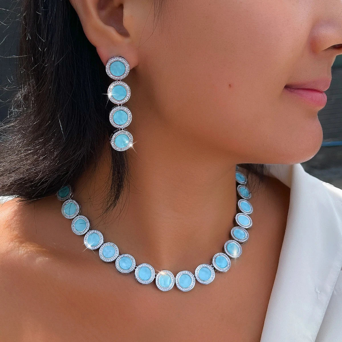Luxury Acrylic Blue Color Jewelry Set Zirconia Round Dangle Earrings Necklace Set for Women Evening Party Statement Jewelry Jovera Joyce
