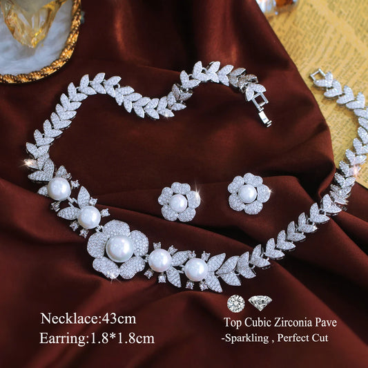 Super Luxury Wedding Bridal Necklace and Earrings Micro Pave Cubic Zircon Big Imitation Pearl Jewelry Set for Women Jewelry Gift Jovera Joyce