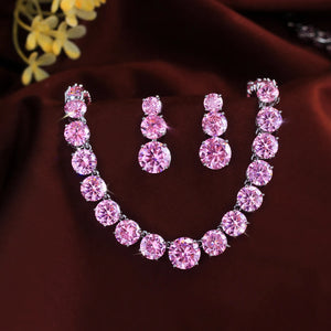 Elegant CZ Pink Round Cut Necklace Earrings Jewelry Set Rhodium Plated Zircon Necklace Earrings Set for Brides Wedding Jewelry Jovera Joyce
