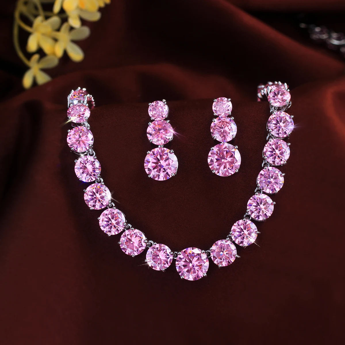 Elegant CZ Pink Round Cut Necklace Earrings Jewelry Set Rhodium Plated Zircon Necklace Earrings Set for Brides Wedding Jewelry Jovera Joyce